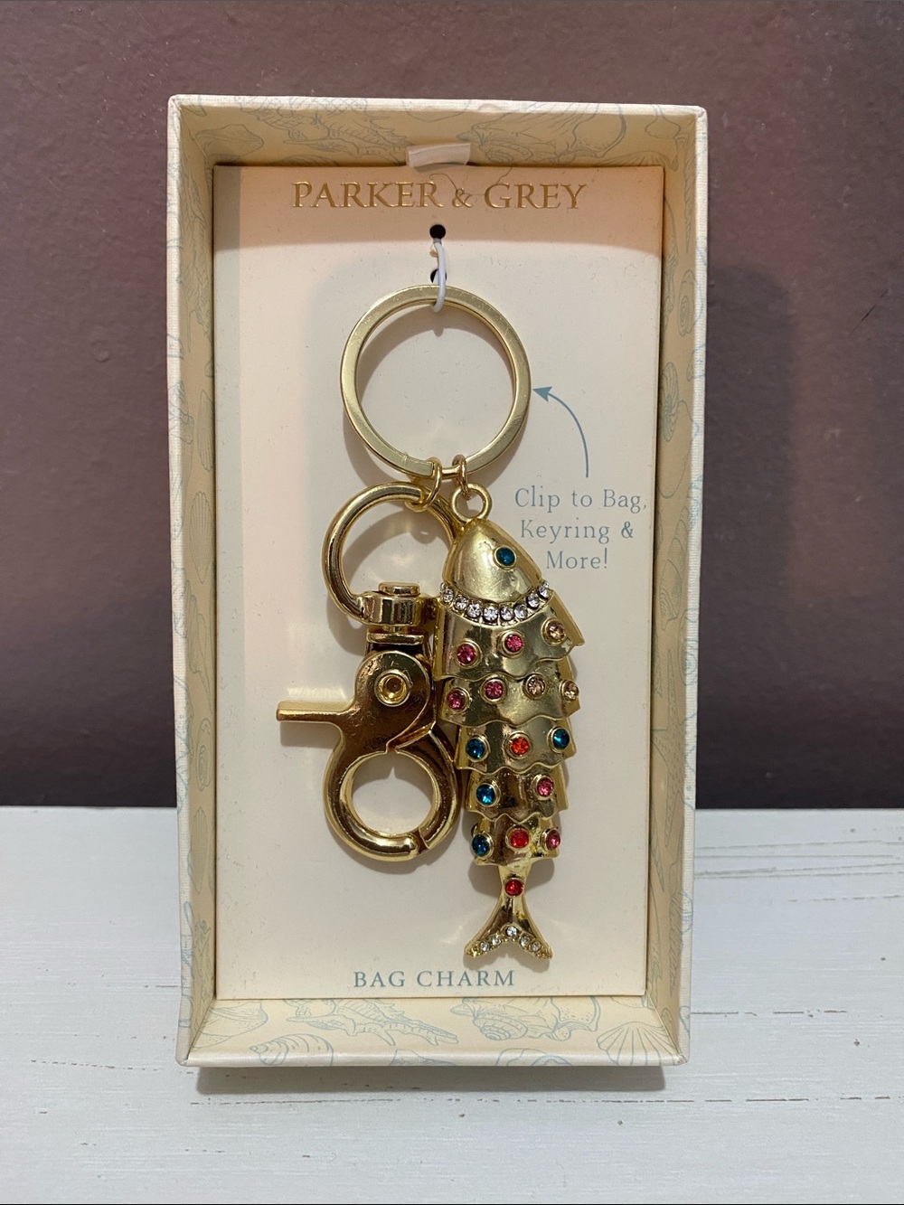 Parker & Grey - Gold Fish Bag Charm with Multicolor Stones
